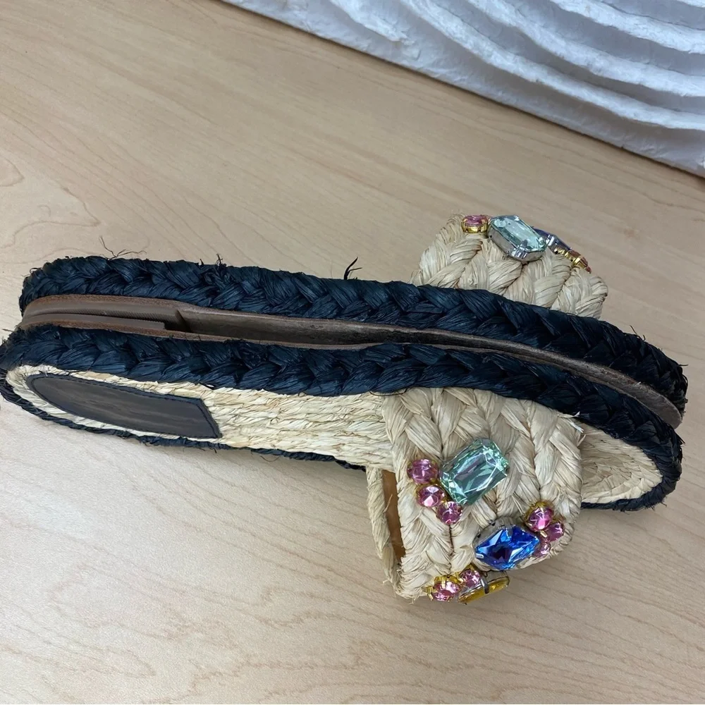 T14 Tory Burch Multicolor Crystal‎ Raffia Slide Sandals
